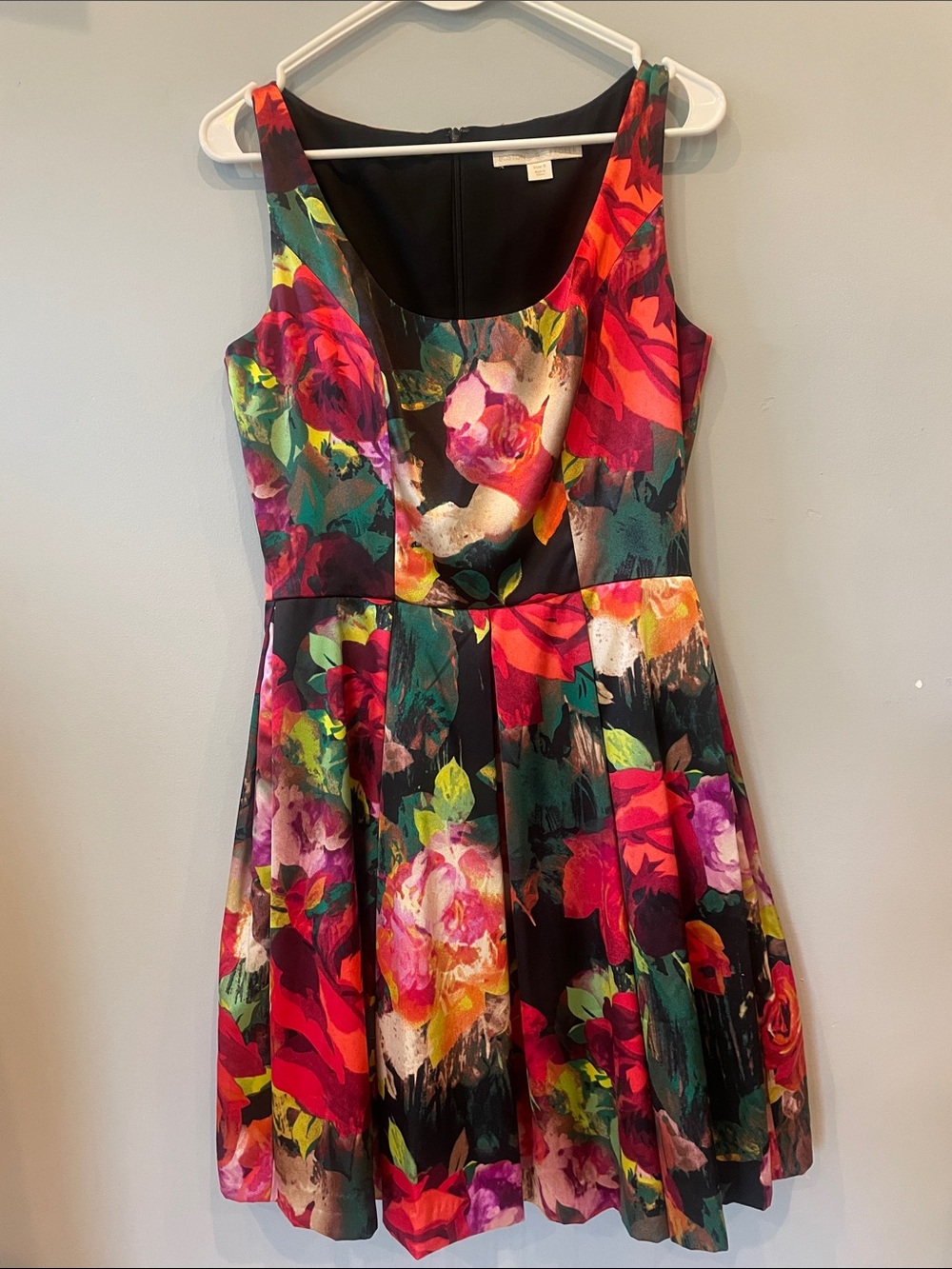Boston Proper Floral Fit-and-Flare Midi Dress in Black, Red, Pink, Green